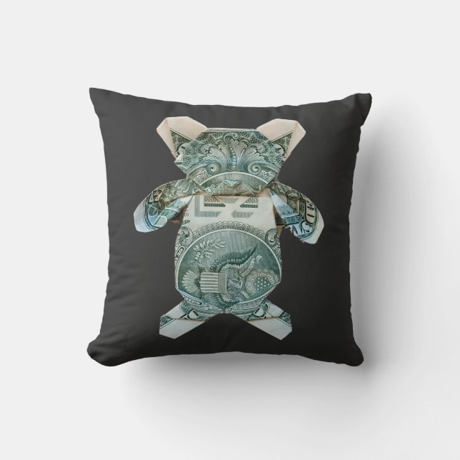 Money Origami Teddy Bear Throw Pillow (Front)