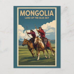 Mongolia Horsemen Illustration Travel Art Vintage Postcard