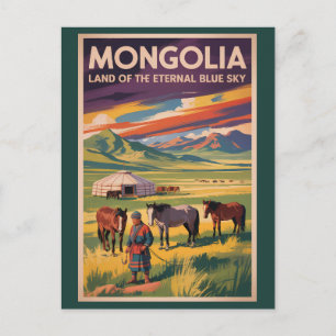 Mongolia Horses Yurt Illustration Travel Art Retro Postcard