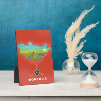 Mongolia Illustrated map tourism poster. Plaque