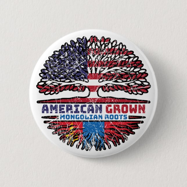 Mongolia Mongolian American USA Tree Roots Flag 2 Inch Round Button (Front)