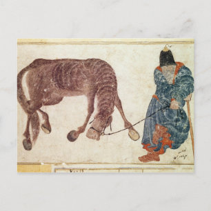 Mongolian nomad taking his horse to water postcard