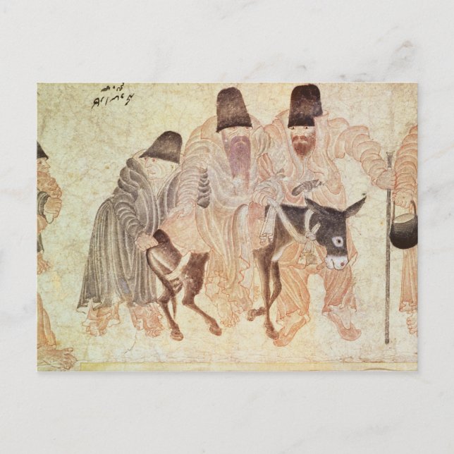 Mongolian nomads with a donkey, 15th century postcard (Front)