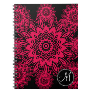 Mongram Black Hot Pink Fuchsia Lace Snowflake Notebook