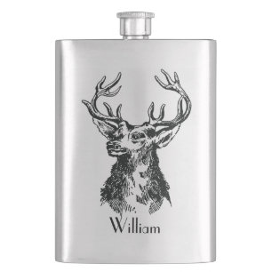 Mongram Stags Head with Antlers Deer Hip Flask