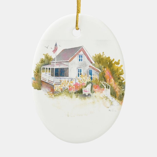 Monhegan Cottage J Kilburn Ceramic Ornament (Front)