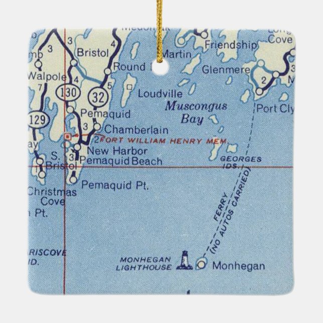 Monhegan Lighthouse Vintage Map Ceramic Ornament (Back)