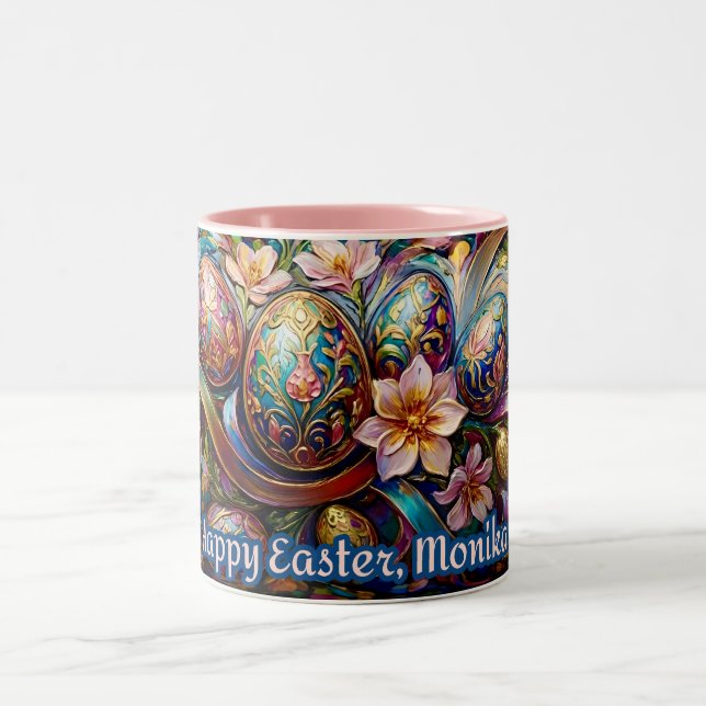 ~ MONIKA ~ HAPPY EASTER ~ Eggs flowers ~  Two-Tone Coffee Mug (Center)