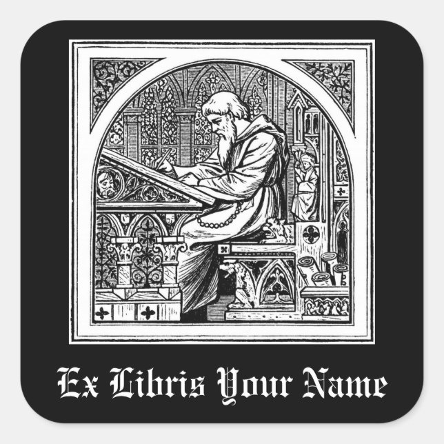 Monk At Medieval Writing Desk Bookplate Square Sticker (Front)