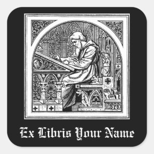 Monk At Medieval Writing Desk Bookplate Square Sticker