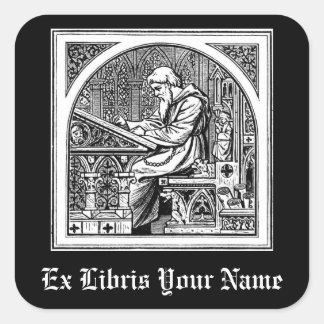 Monk At Medieval Writing Desk Bookplate Square Sticker