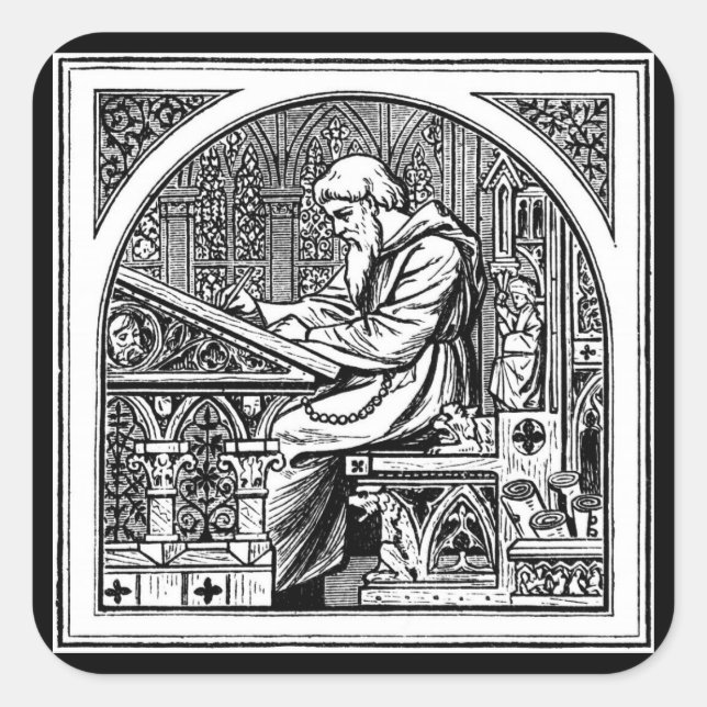 Monk At Medieval Writing Desk Square Sticker (Front)