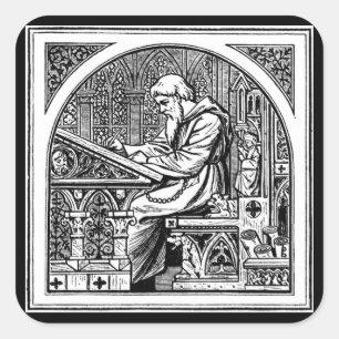 Monk At Medieval Writing Desk Square Sticker