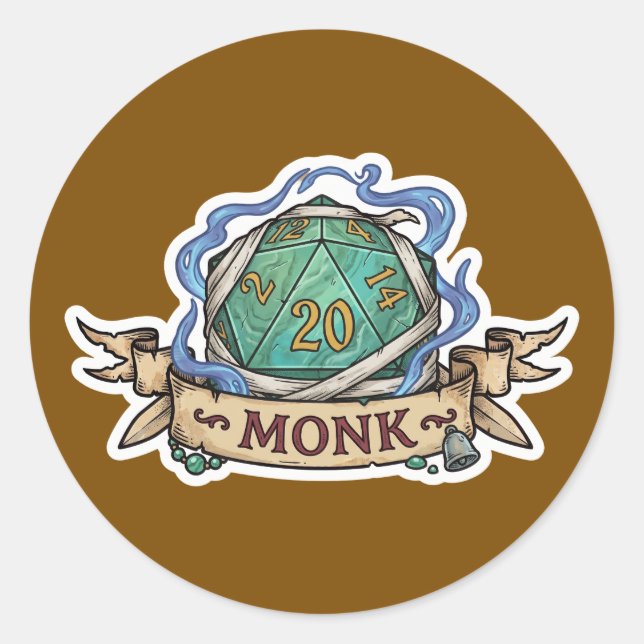 Monk D20 Class Crest Sticker - Funny D&D Monk Dice (Front)
