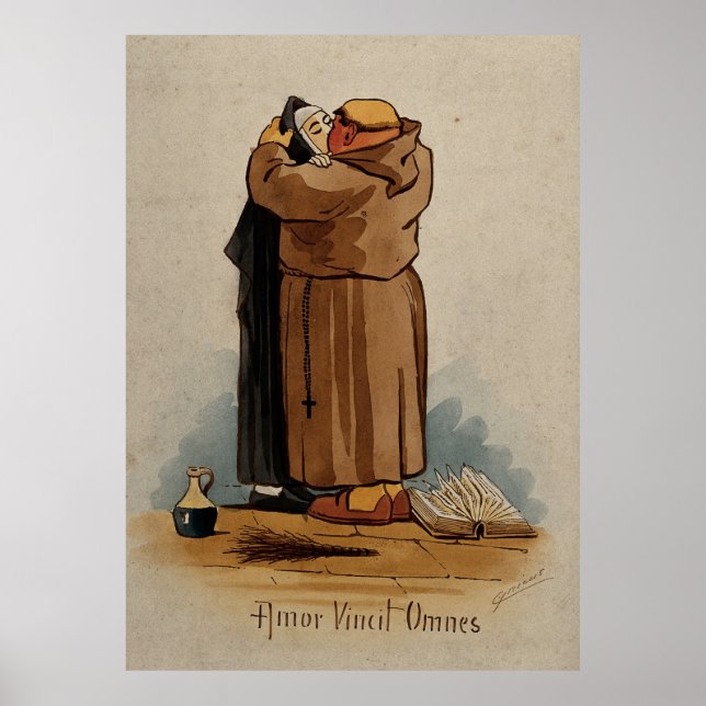 Monk kissing Nun, Love Conquers All, Latin Text Poster (Front)