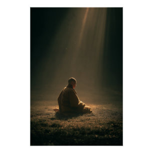 Monk Meditating Golden Dawn Rays Poster
