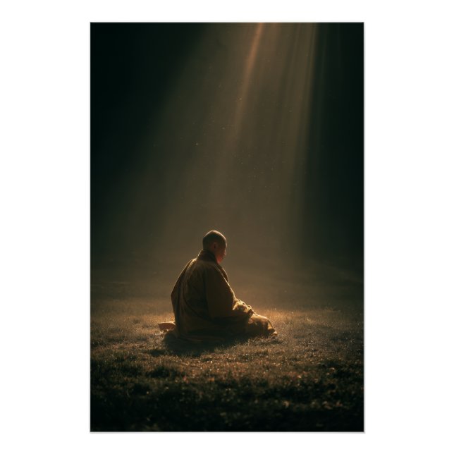 Monk Meditating Golden Dawn Rays Poster (Front)