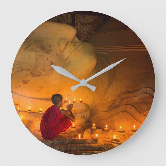 Monk Praying By A Buddha Large Clock (Front)