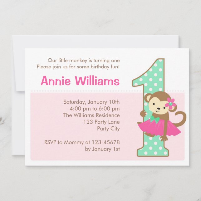 Monkey 1st Birthday Invitation for Girls with Tutu (Front)
