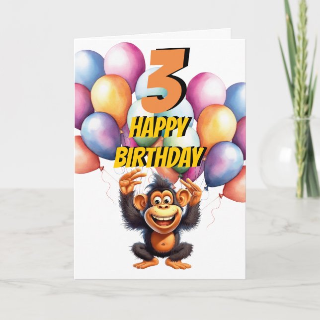 Monkey 3rd Birthday Balloons Card (Front)