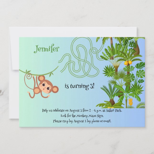 Monkey and bananas maze birthday invitations (Front)