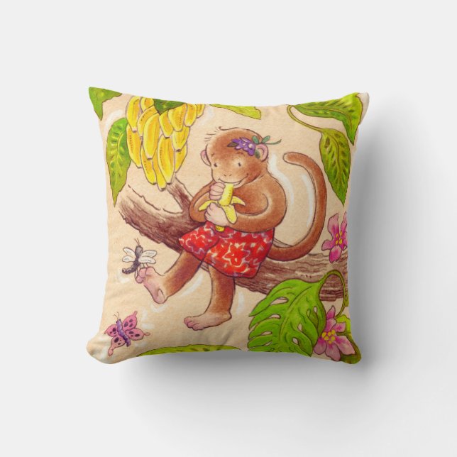 Monkey and Dragonfly Jungle Friends Throw Pillow (Front)