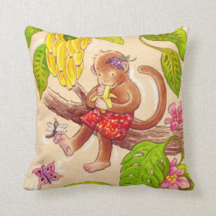 Monkey and Dragonfly Jungle Friends Throw Pillow