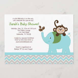 Monkey and Elephant Blue/Silver Chevron Invitation