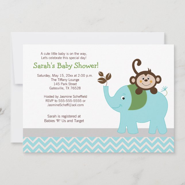 Monkey and Elephant Light Blue Chevron Baby Shower Invitation (Front)