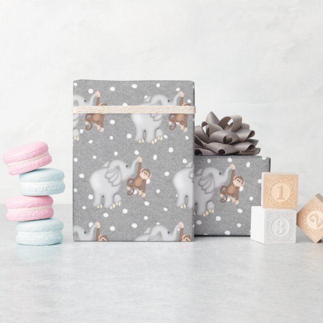 Monkey and Elephant On Polka Dots Wrapping Paper (Baby Shower)