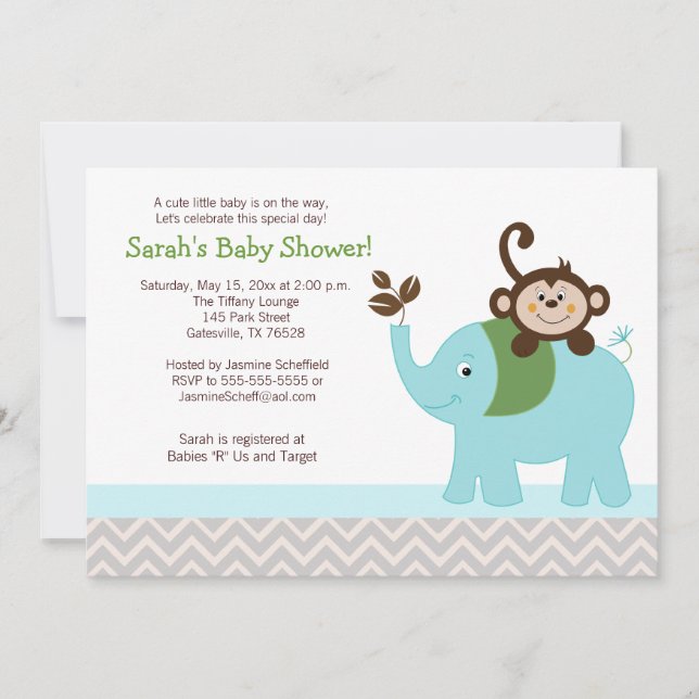 Monkey and Elephant Silver Chevron Baby Shower Invitation (Front)