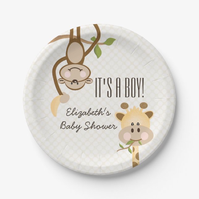 Monkey and Giraffe Safari Jungle Baby Shower Paper Plate (Front)