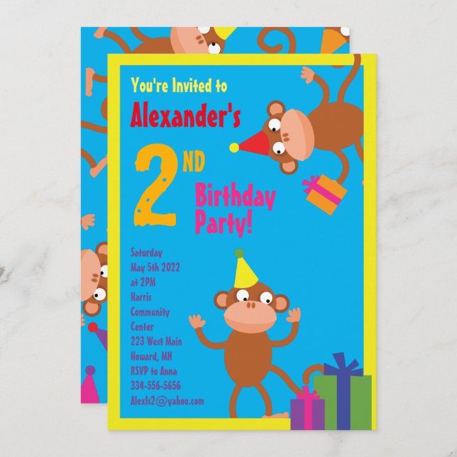 Monkey Animal Kid's Birthday Party Invitations (Front/Back)