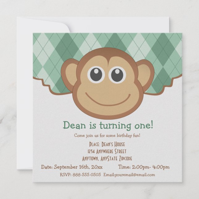 Monkey Argyle Pattern Invitation (Front)