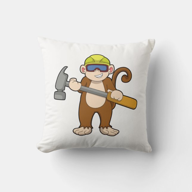 Monkey as Craftsman with Hammer Throw Pillow (Front)