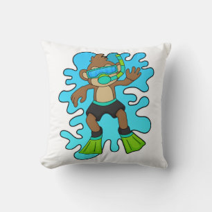 Monkey as Diver with Snorkel Throw Pillow