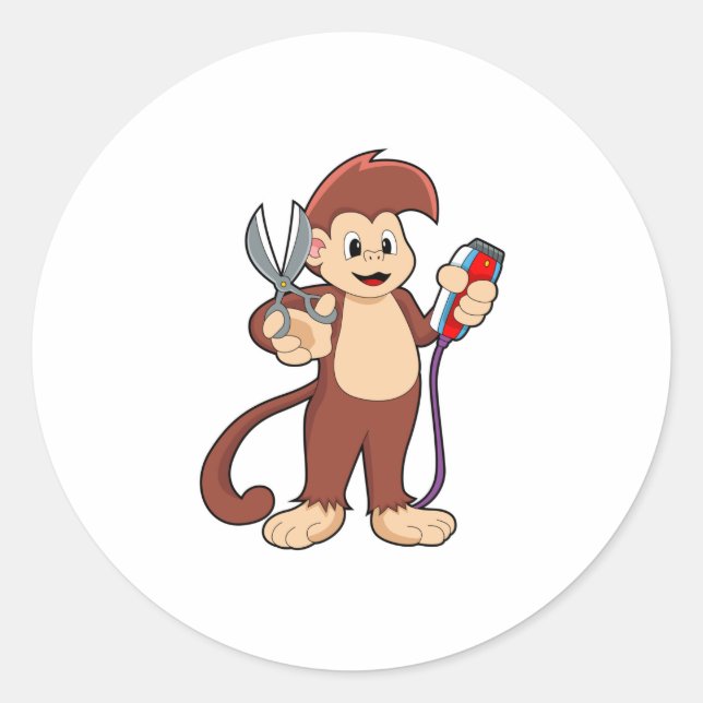 Monkey as Hairdresser with Scissors & Razor Classic Round Sticker (Front)
