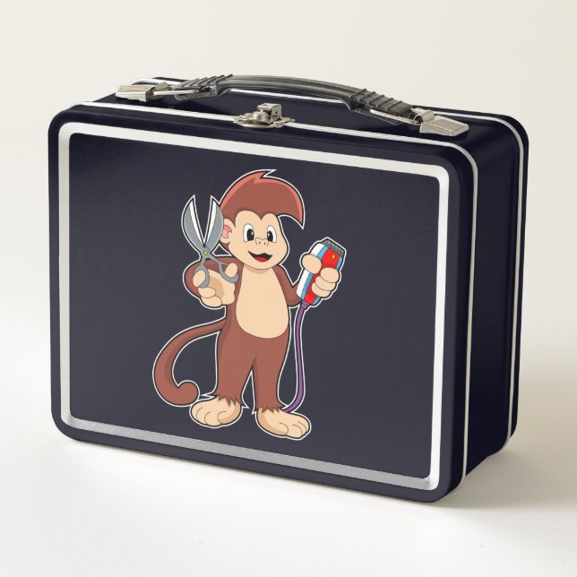 Monkey as Hairdresser with Scissors & Razor Metal Lunch Box (Front)
