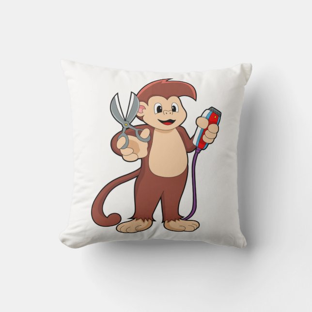 Monkey as Hairdresser with Scissors & Razor Throw Pillow (Front)