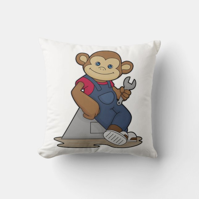 Monkey as Mechanic with Wrench Throw Pillow (Front)