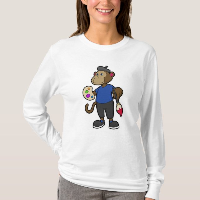 Monkey as Painter with Paint & Brush T-Shirt (Front)