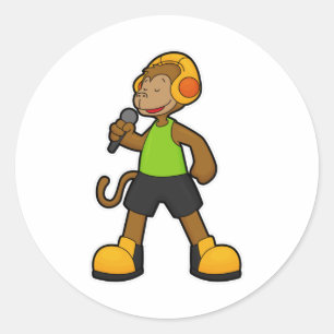 Monkey as Singer with Microphone & Headphone Classic Round Sticker