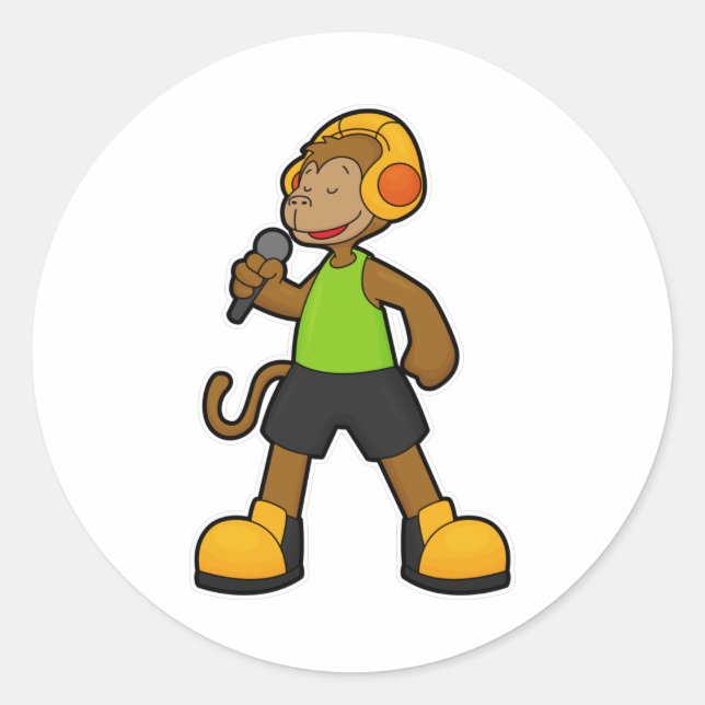 Monkey as Singer with Microphone & Headphone Classic Round Sticker (Front)