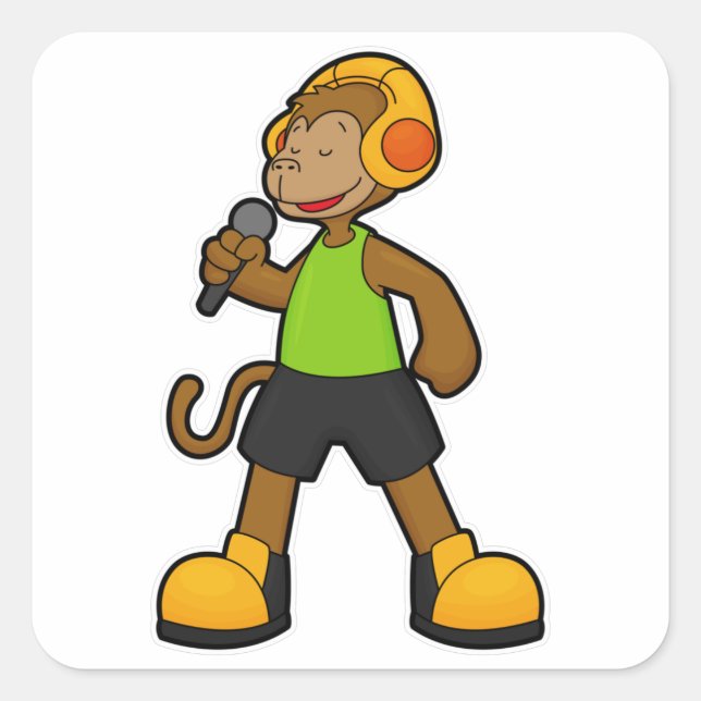 Monkey as Singer with Microphone & Headphone Square Sticker (Front)