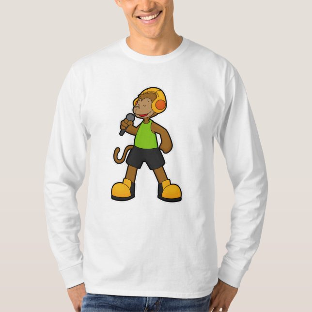 Monkey as Singer with Microphone & Headphone T-Shirt (Front)
