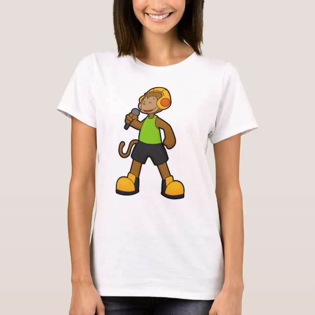 Monkey as Singer with Microphone & Headphone T-Shirt (Front)