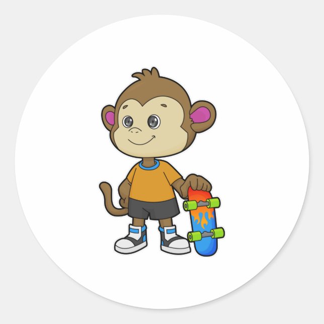 Monkey as Skater with Skateboard Classic Round Sticker (Front)