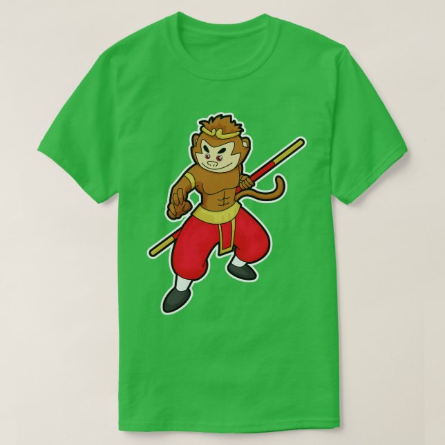 Monkey as Warrior with Staff Head T-Shirt (Design Front)