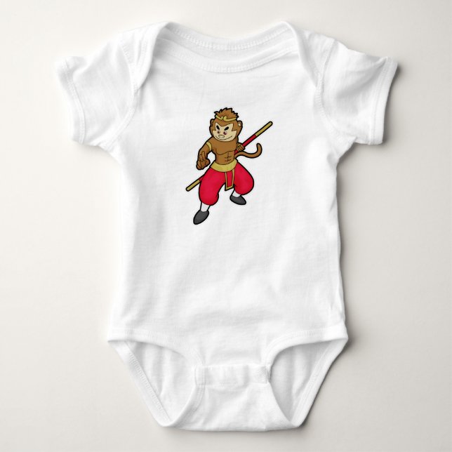 Monkey as Warrior with Staff & Headband Baby Bodysuit (Front)