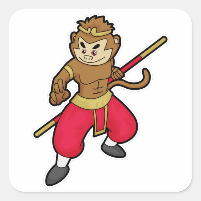 Monkey as Warrior with Staff & Headband Square Sticker (Front)